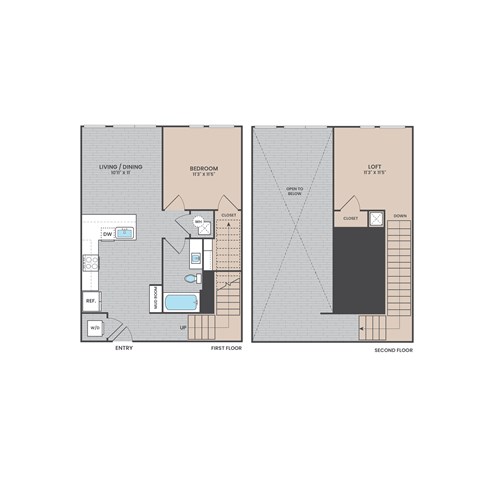 Floor plan for 1 bed, 1 bath, 859 sqft
